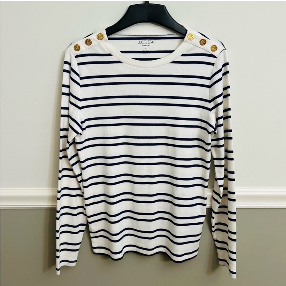 J. Crew Navy White Perfect Fit Long Sleeve Crewneck Top Lion Buttons Size Large